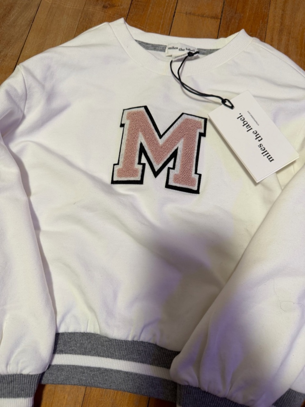 Miles the Label Girls' White Sweatshirt with Pink Chenille 'M'